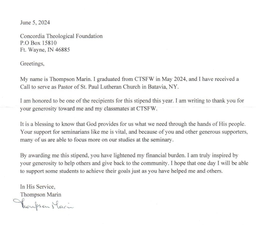 Thank You note from Thompson Marin