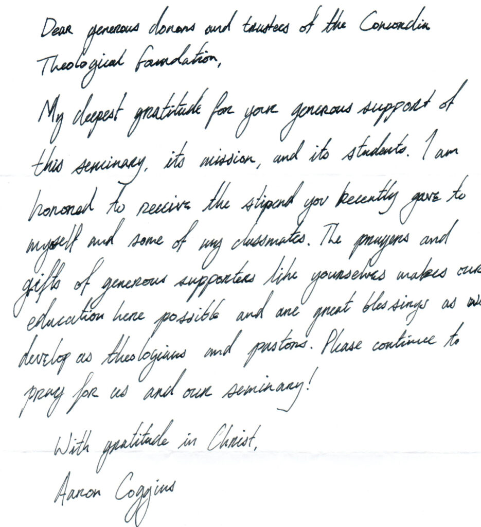 A thank you note from one of our recipients, Aaron Coggins